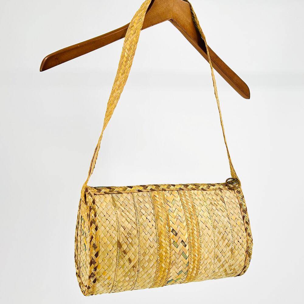 Vintage 70s Handwoven Raffia Cylinder Bag Ikat Lined Boho Zip Shoulder Purse